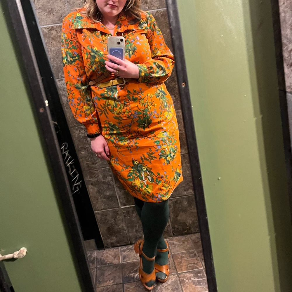 🍄 True Vintage 70s mushroom print plus size midi dress retro rare the spectator